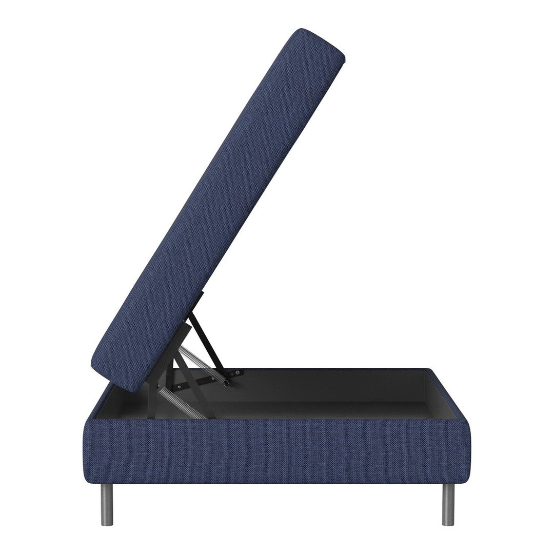 Navy blue upholstered storage bed with textured fabric and sleek metal legs, featuring a lift-up design.