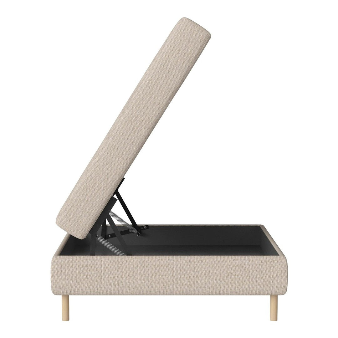 Beige storage bed with a textured pattern and black interior, featuring wooden legs.