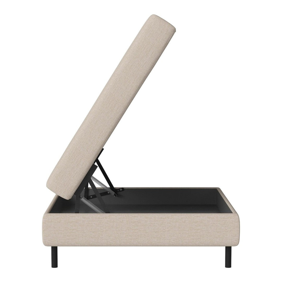 Beige upholstered storage bed with a simple, modern design, featuring a clean, textured pattern and black base.