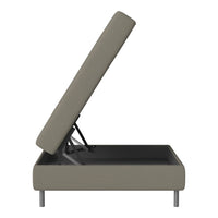 Gray upholstered storage bed with a minimalist design and sleek silver legs, featuring a simple, modern look.