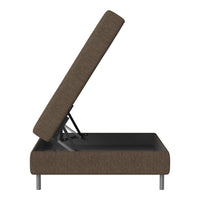 Brown upholstered storage bed with a textured pattern and metal frame, showcasing a lift-up mattress feature.