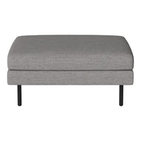 Gray upholstered ottoman with a smooth texture and sleek black metal legs, perfect for modern decor.