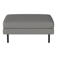 Gray upholstered ottoman with a textured pattern and black metal legs. Perfect for modern and minimalist decor.