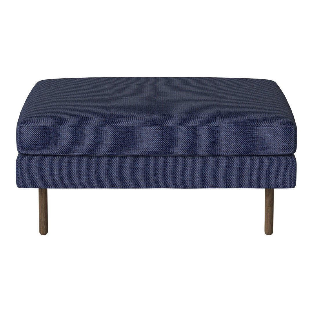 Navy blue upholstered ottoman with a textured pattern and sleek golden legs. Ideal for modern living spaces.