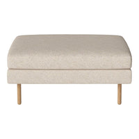 Neutral beige upholstered ottoman with a subtle textured pattern and light wooden legs. Perfect for modern decor.