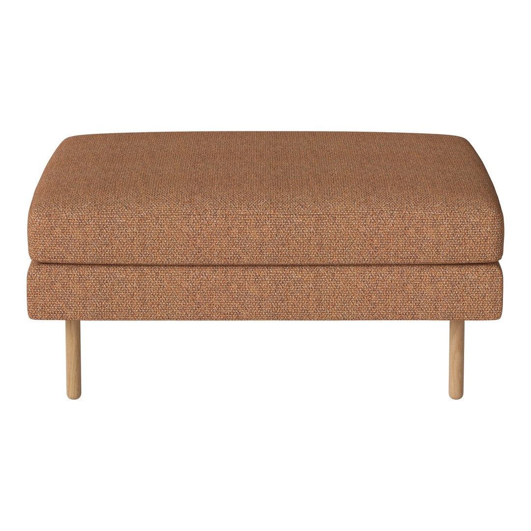 Brown textured ottoman with a smooth, minimalist design and light wooden legs. Perfect for modern decor.