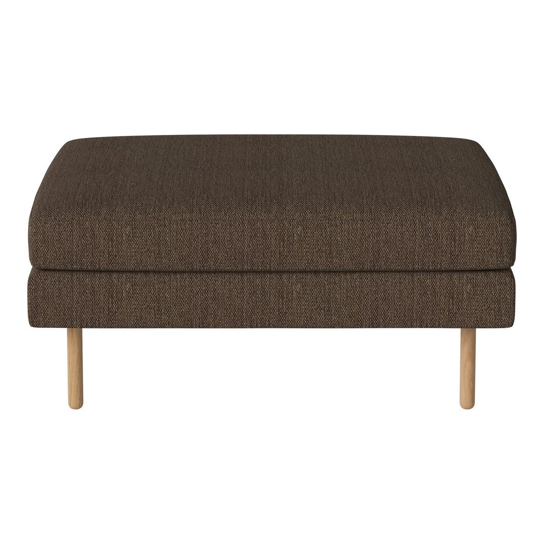 Brown textured ottoman with wooden legs, featuring a simple, modern design. Ideal for any living space.