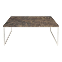 Brown and gray marbled tabletop with a sleek white metal frame, modern design perfect for any living space.