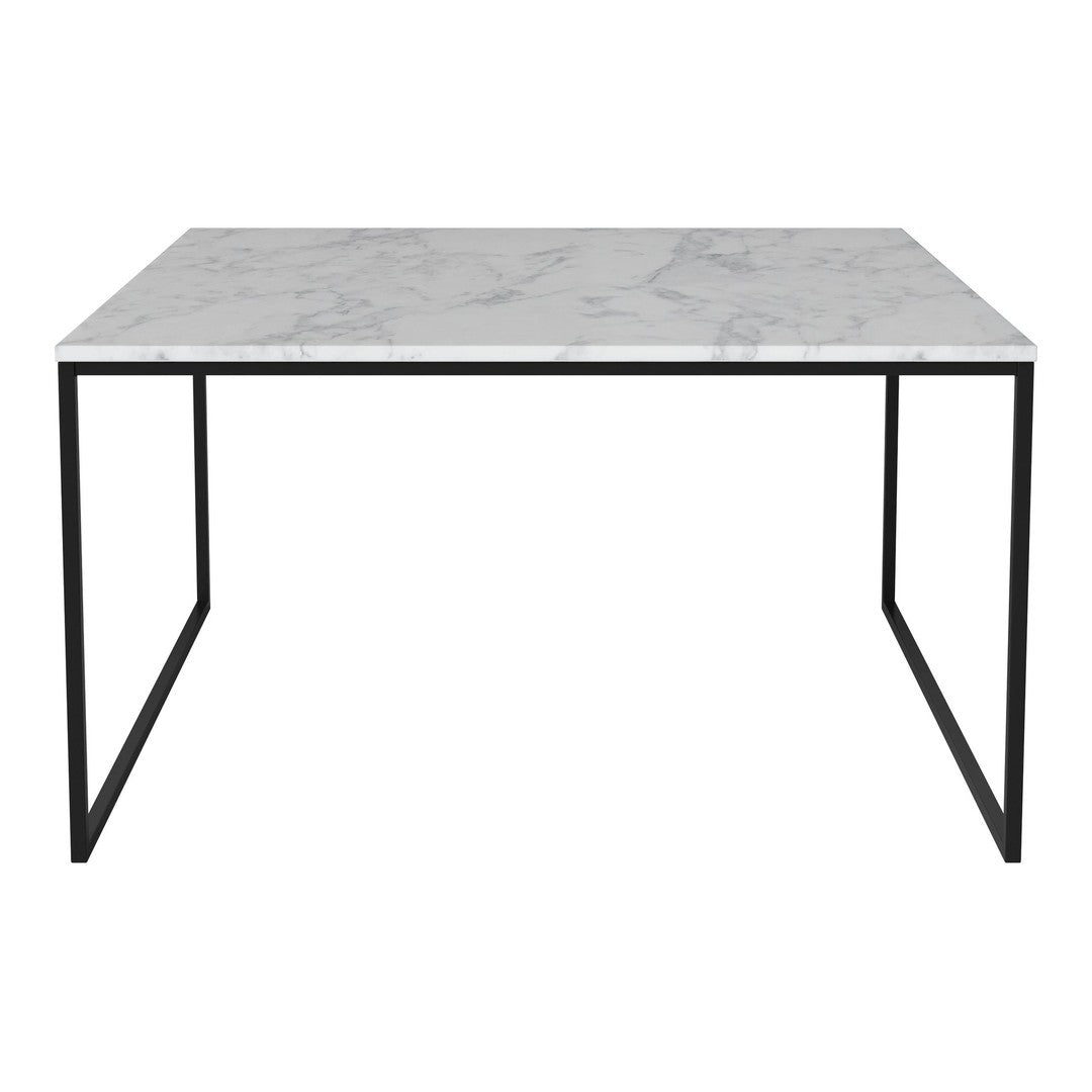 Modern marble tabletop with grey veining on a sleek black metal frame. Contemporary design for any space.