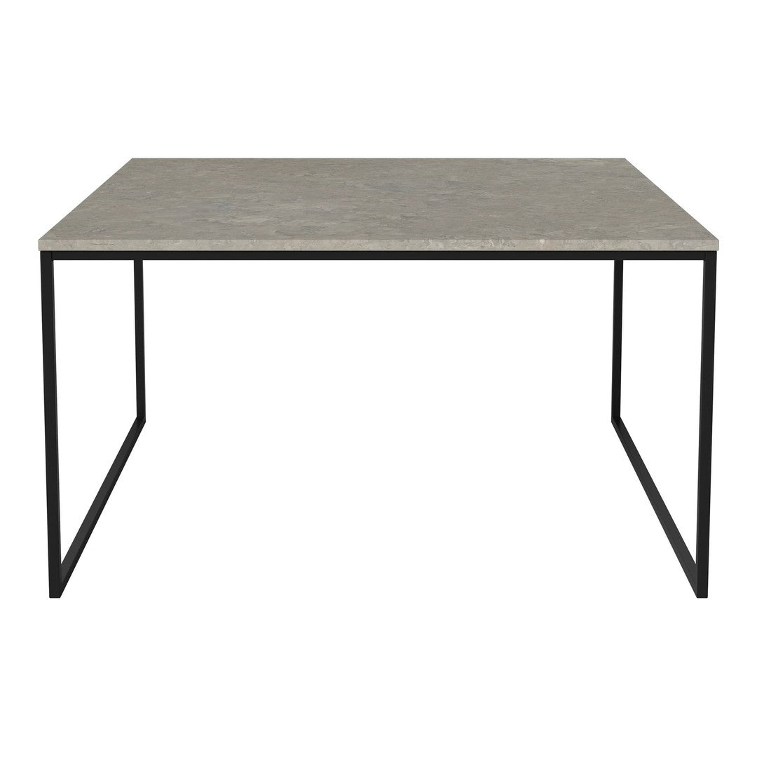 Gray stone tabletop with a smooth finish, complemented by a sleek black metal frame.