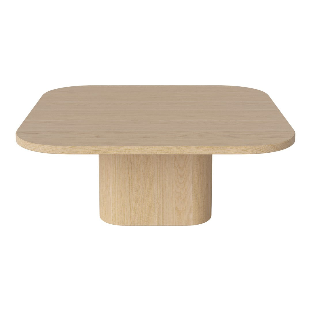 Light natural wood coffee table with a smooth, square surface and rounded edges, featuring a minimalist design.