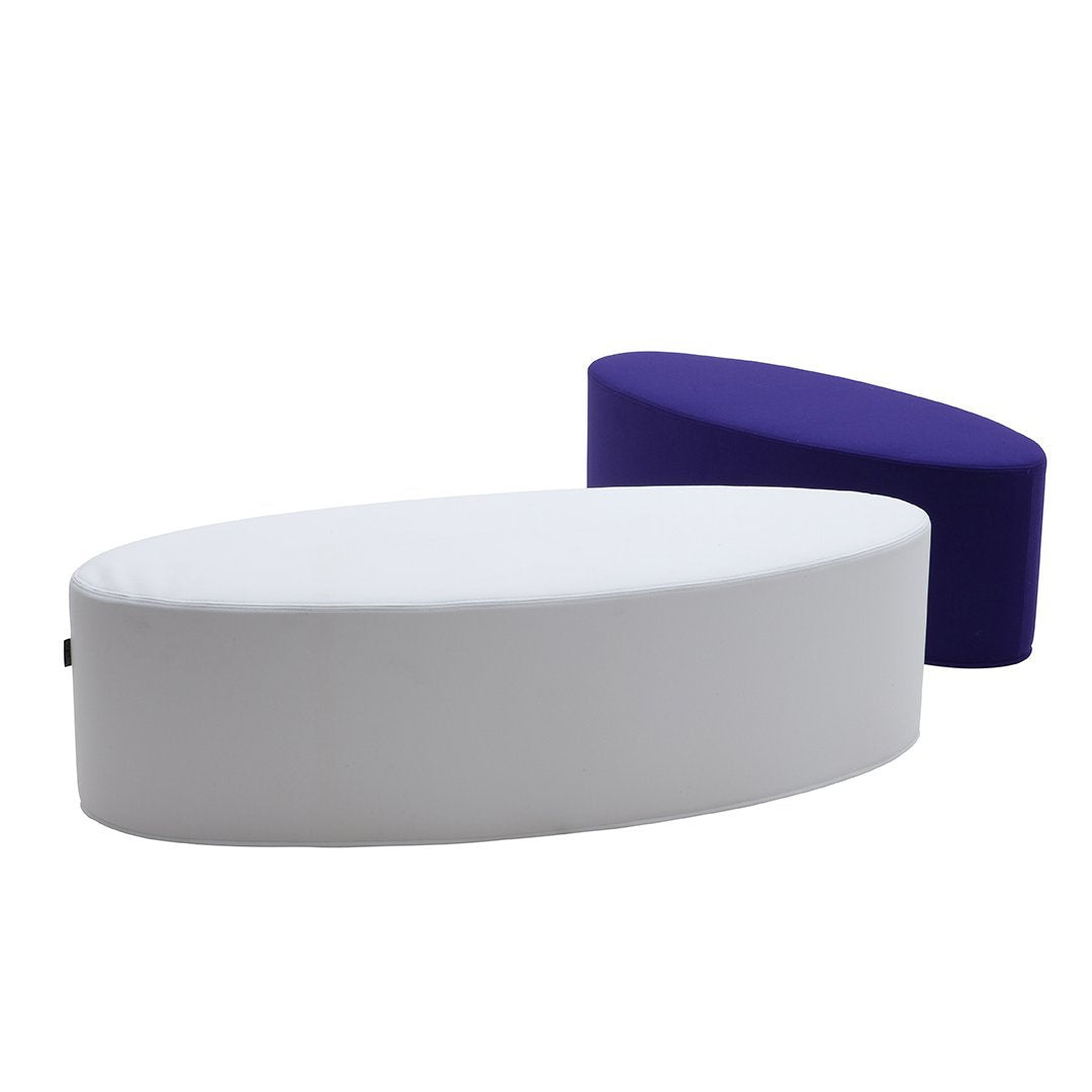 Modern oval ottomans in sleek white and vibrant purple, featuring a smooth fabric finish.
