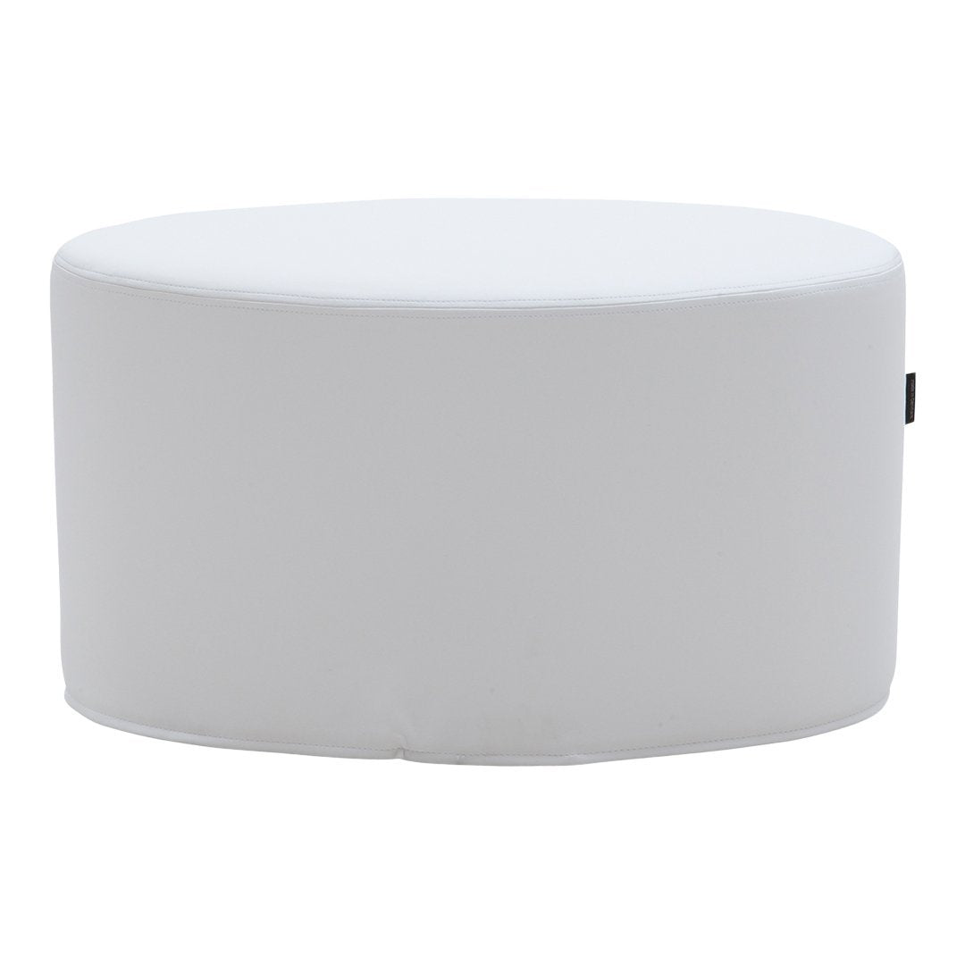 Round white ottoman with a smooth, solid surface, ideal for modern home decor. Simple and versatile design.