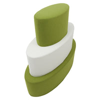Green and white stacked cushions in modern, curved shapes, featuring soft textures and a sleek design.