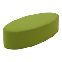 Green oval ottoman with a smooth texture and minimalist design, perfect for modern decor.