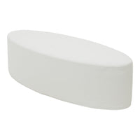 White oval-shaped upholstered bench with smooth fabric texture and minimalist design. Perfect for modern decor.