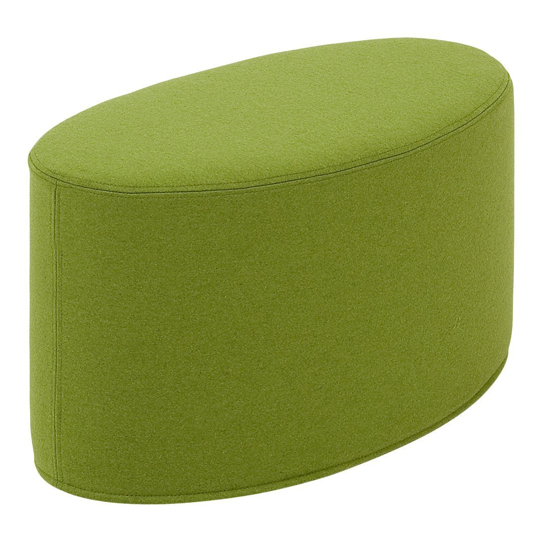 Green oval ottoman with a smooth fabric texture, perfect for modern decor and versatile seating options.