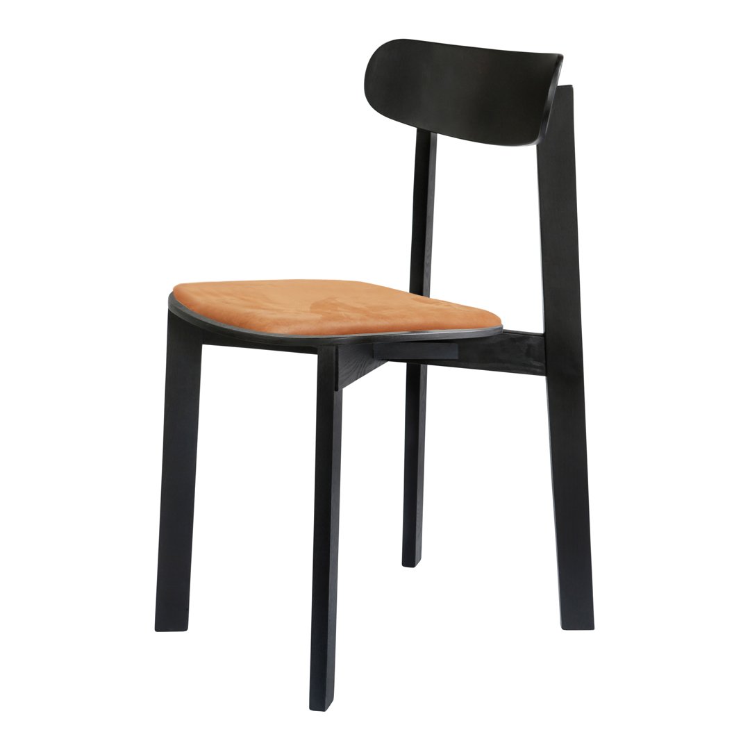 Black metal chair with a smooth wooden seat featuring a warm natural finish. Minimalist design with clean lines.