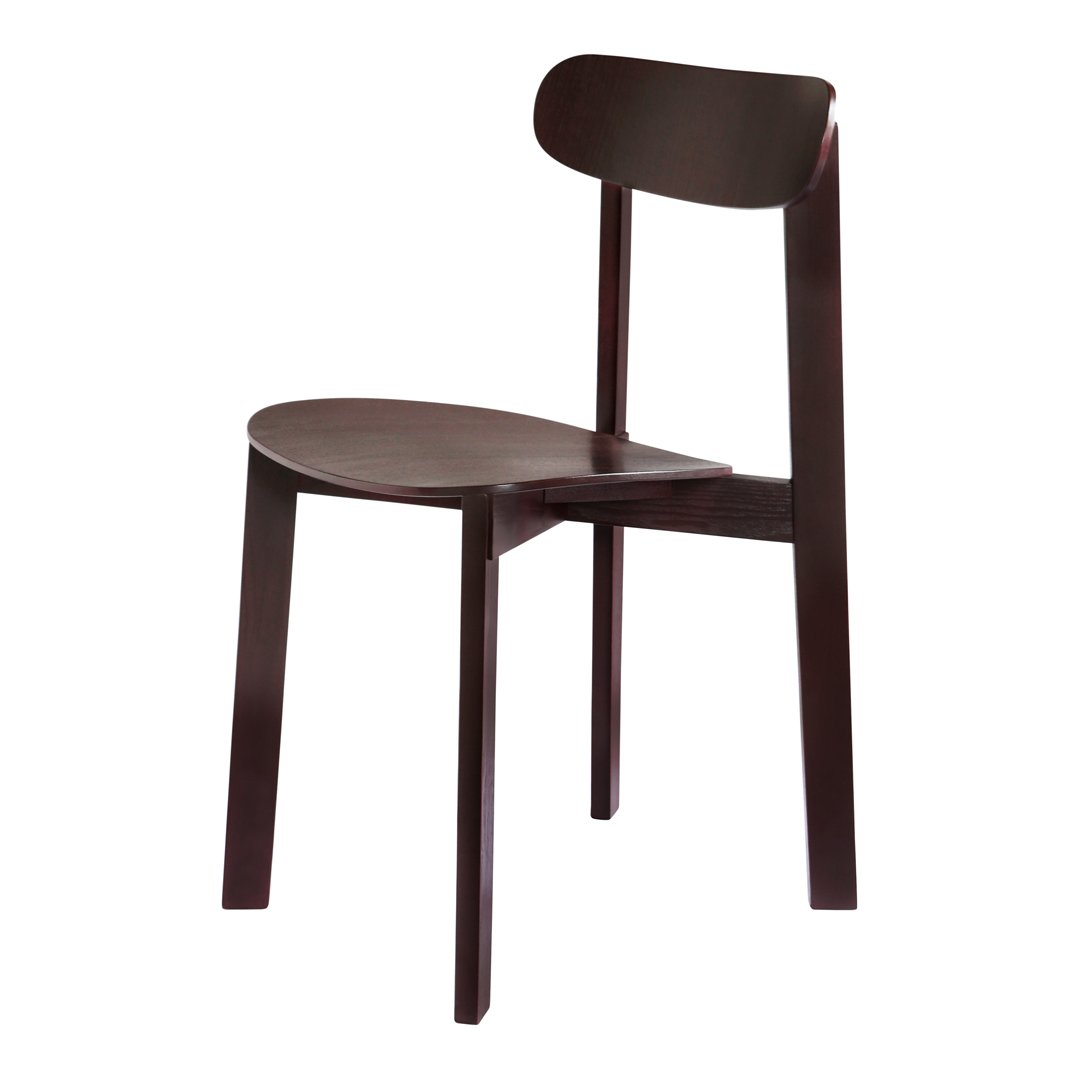 Dark brown wooden chair with a sleek, minimalist design and smooth, curved edges. Perfect for modern interiors.