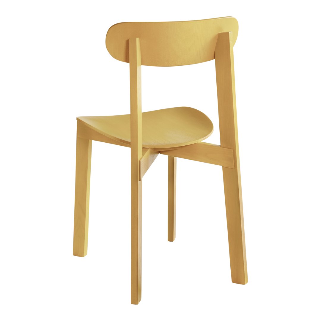 Modern yellow wooden chair with a simple, clean design and smooth, natural finish. Perfect for minimalistic decor.