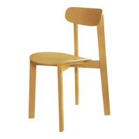Light yellow wooden chair with a minimalist design and smooth finish, featuring a rounded seat and slanted legs.