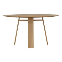 Round wooden dining table in a light natural wood finish with a minimalistic design and clean lines.