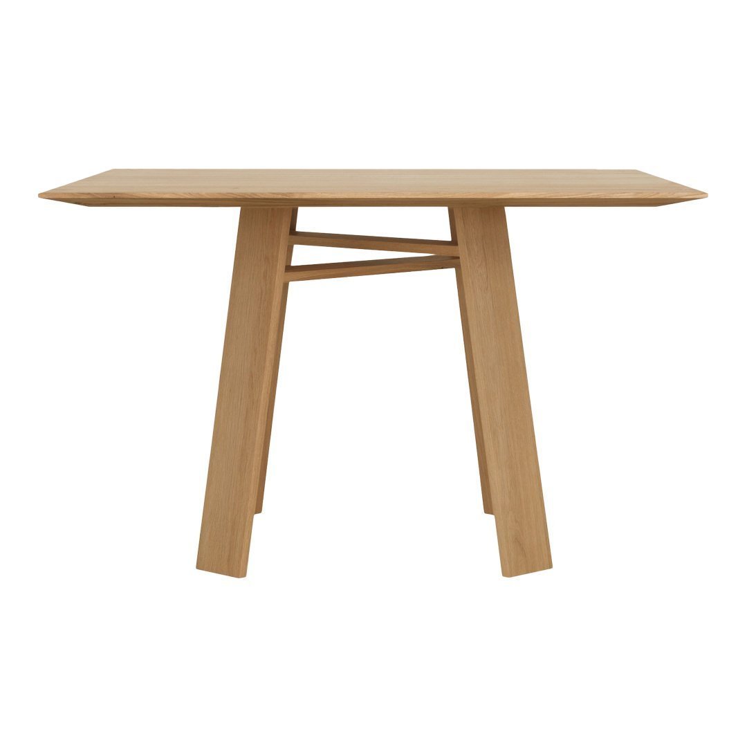 Light oak console table with a minimalist design and sleek lines, showcasing natural wood grain patterns.