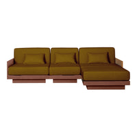 Olive green sofa with simple lines and wooden base, featuring plush cushions for modern, minimalist decor.
