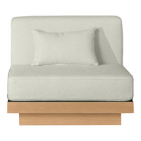 Light gray upholstered chair with a smooth texture and minimalist wooden base, complemented by a matching pillow.