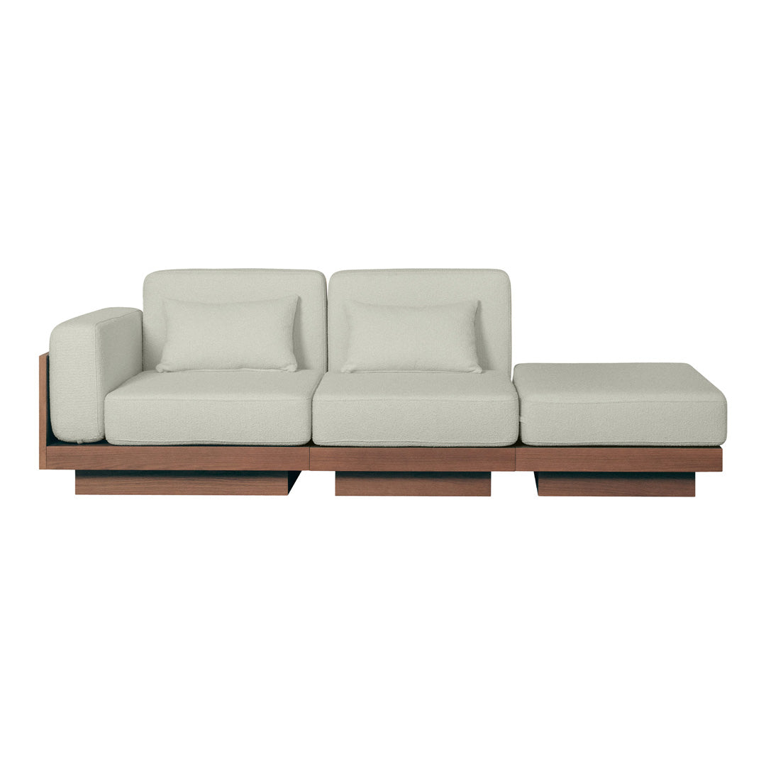 Light gray sectional sofa with a sleek wooden base, featuring clean lines and minimalist design. Perfect for modern decor.