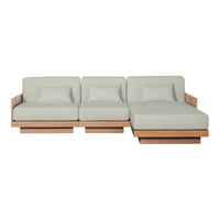 Light gray fabric cushions on a modern wooden frame, featuring clean lines and a minimalist design.