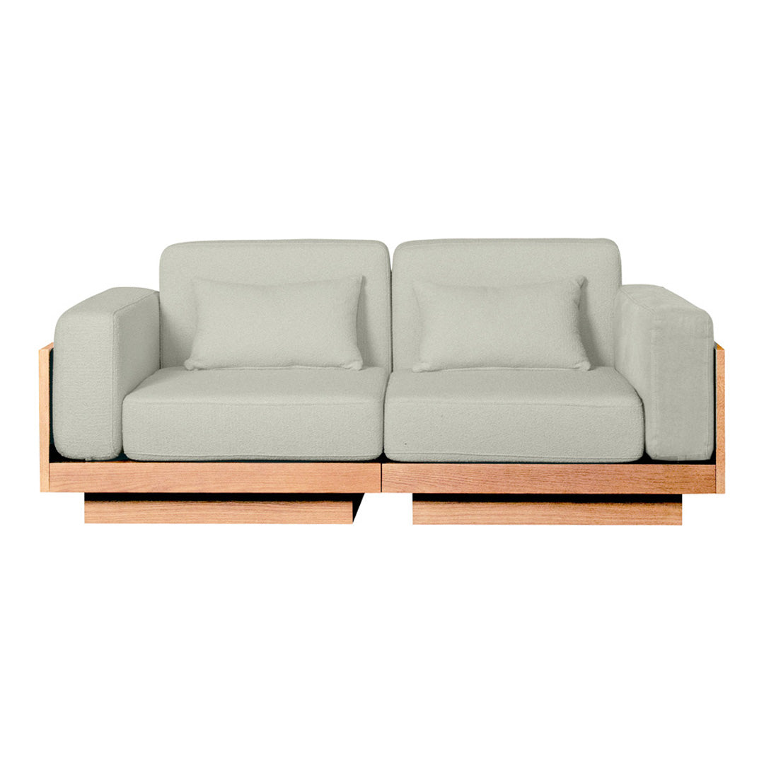 Light gray upholstered sofa with a minimalist wooden frame, featuring clean lines and a modern design.