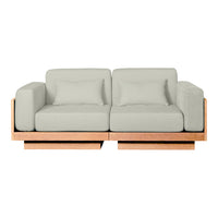 Light gray upholstered sofa with a minimalist wooden frame, featuring clean lines and a modern design.