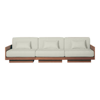 Light gray fabric sofa with three cushions and a sleek wooden base, perfect for modern living spaces.