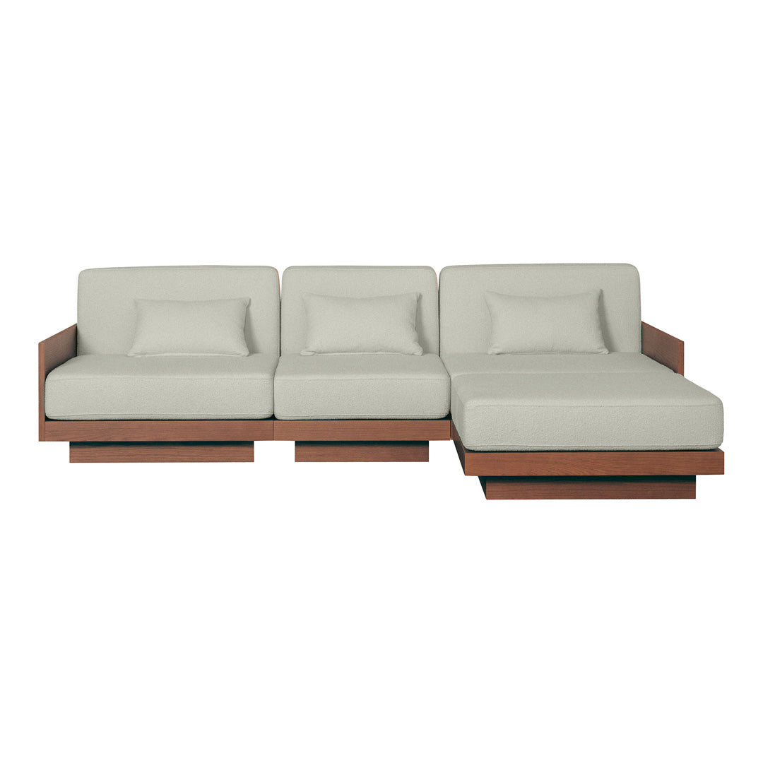 Light gray cushions with clean lines and a sleek wood base, featuring a modern minimalist design.
