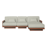 Light gray cushions with clean lines and a sleek wood base, featuring a modern minimalist design.
