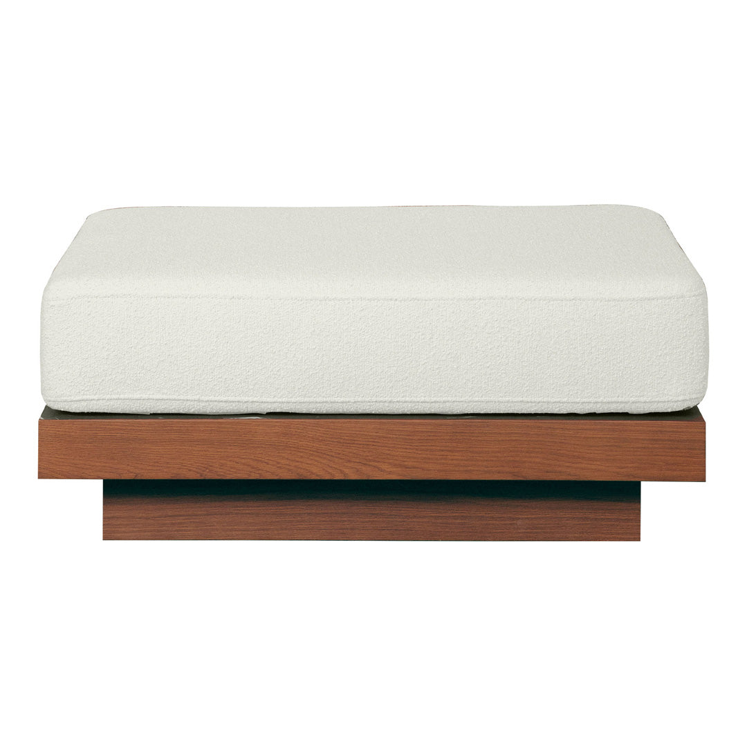 White cushioned ottoman on a wooden base with a modern, minimalist design. Perfect for contemporary decor.