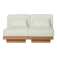 Light gray modern couch with two plush seats and wood base, featuring a minimalist design and clean lines.