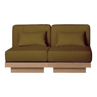 Olive green sofa with two cushions, featuring a minimalist wooden base. Stylish and contemporary design.