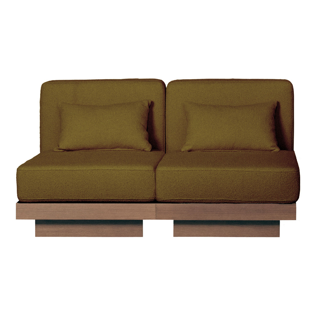 Brown upholstered sofa with a modern design, featuring clean lines and a smooth wooden base.