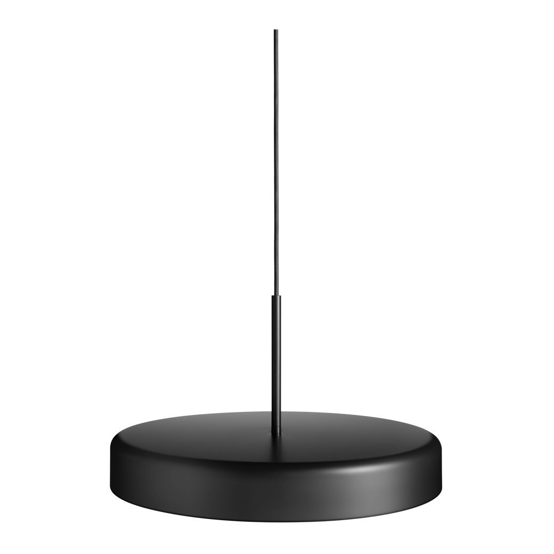 Sleek black pendant light fixture with a minimalistic round base and slender pole design. Perfect for modern decor.