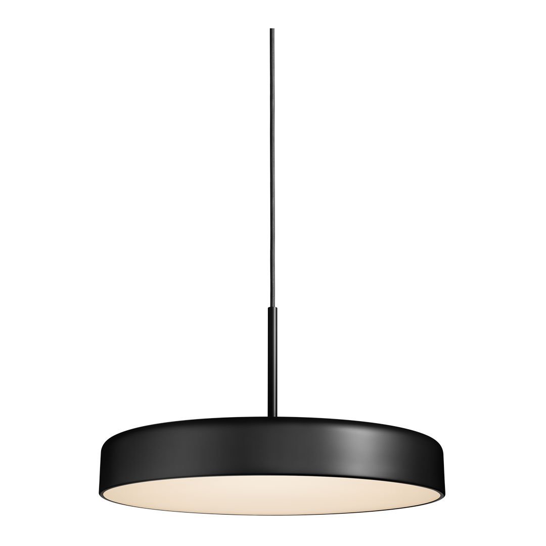 Sleek black circular pendant light with a smooth finish and warm white inner shade, perfect for modern decor.