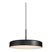 Sleek black circular pendant light with a smooth finish and warm white inner shade, perfect for modern decor.