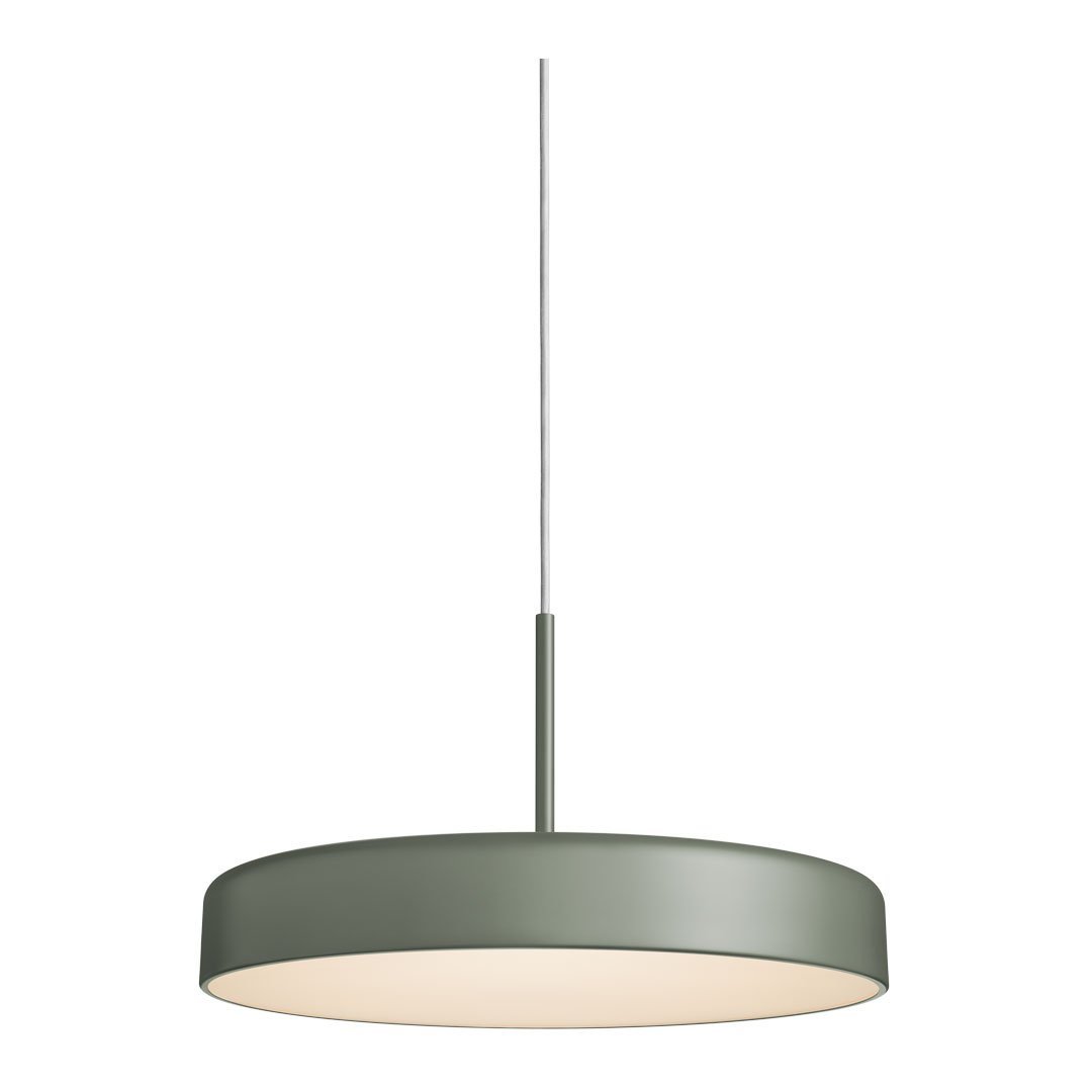 Sleek round pendant light in muted green with a smooth matte finish and warm white inner shade. Perfect for modern decor.