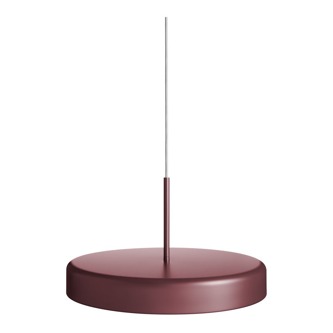 Elegant round pendant light in deep burgundy with a sleek silver wire, ideal for modern decor.