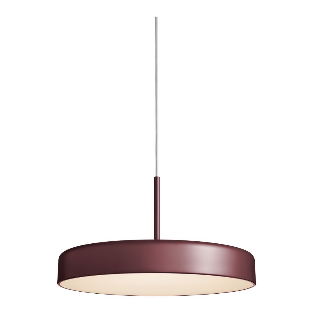 Round pendant lamp with a sleek burgundy shade and soft white diffuser, creating a modern style.
