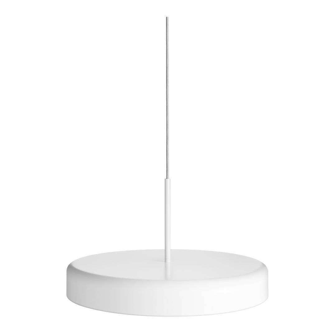Sleek white pendant light with a smooth circular base and minimalistic design, perfect for modern decor.