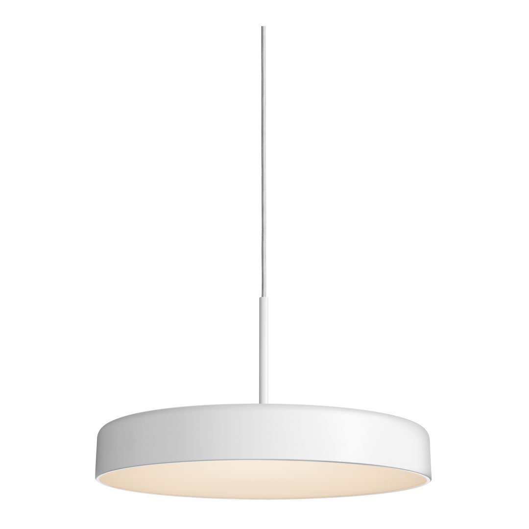 Modern round pendant light in sleek white finish with a subtle matte texture. Ideal for contemporary decor.