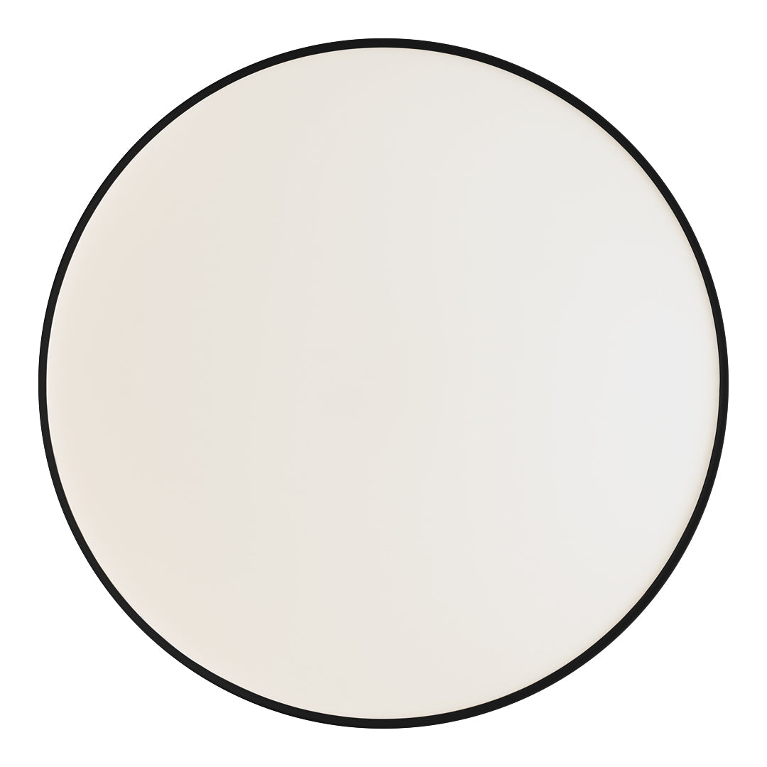 Round wall mirror with a sleek black frame and a smooth, reflective white surface. Minimalist design for modern decor.