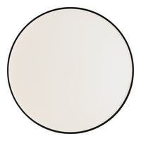 Round wall mirror with a sleek black frame and a smooth, reflective white surface. Minimalist design for modern decor.
